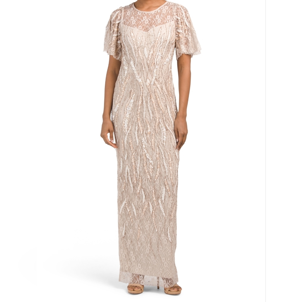 Adrianna papell embellished sequined lace column gown with Flutter sleev…